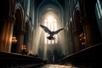 A white dove flies in the cathedral to symbolise the Holy Spirit and Pentecost. Generative AI