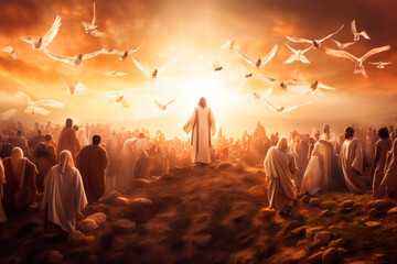 Obraz premium On Pentecost the Holy Spirit will descend on them. A lot of people have gathered together. Generative AI