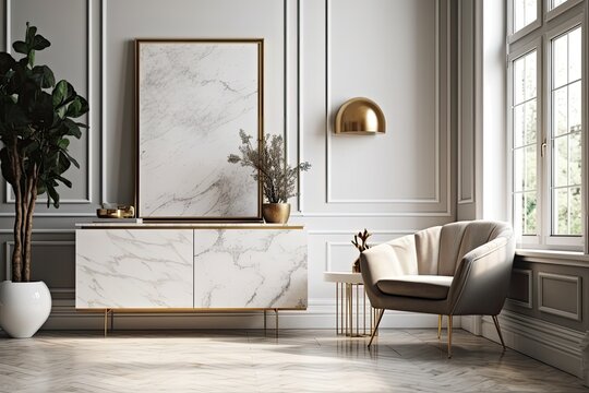 White lounge chair with a gold light and a white sideboard on a marble floor. Luxury modern living room interior. Generative AI