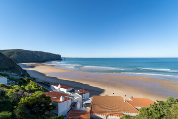 View of Praia da Arrifana in Costa Vicentina on the wild west coast of the south of Portugal,...