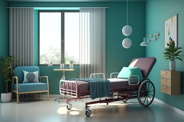 Hospital room with beds .Empty bed and wheelchair, generative AI