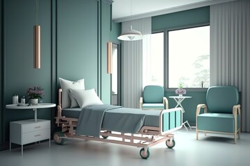 Hospital room with beds .Empty bed and wheelchair, generative AI