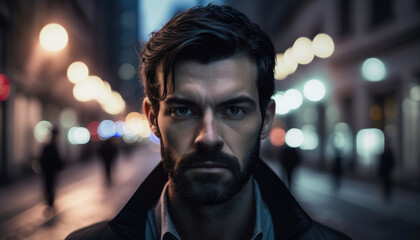 Portrait of a fictional man with dark hair and a beard in the city on a winters night.