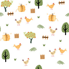 Farm seamless pattern. Chickens, trees, haystack and fences. Domestic animals. Perfect for wrapping paper, fabric, textile, wallpaper, home decor. Flat vector illustration