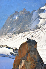 Extreme climbing  on the rocks mountains, Mont Blanc massif. View from Aiguille du midi, Chamonix, Haute Savoie, France