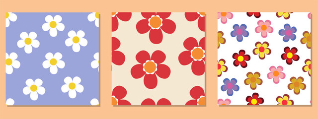Fototapeta na wymiar A set of three abstract square seamless patterns with vintage daisy flowers. Retro floral vector background surface design, textiles, wrapping paper, covers. Style of the 60s, 70s, 80s