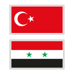 Two flags, a flagpole, the flag of Syria, the flag of Turkey isolated on a white background.