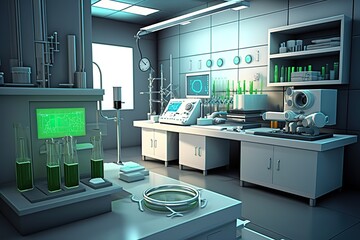Laboratory stylish interior with lab equipment. 3d, generative AI