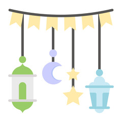 Muslim Festival Bunting Flag Concept, Eve Lamp Lantern and Star  vector color icon Design, Ramadan and Eid al-Fitr Symbol, Islamic Muslims fasting Sign, Arabic holidays celebration stock illustration