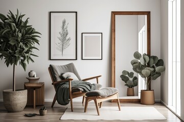 Interior design of a contemporary living room featuring a mock up poster frame, a frotte armchair, a wooden toilet, and contemporary housewares. a wall of eucalyptus. Template. Copy space Actual image