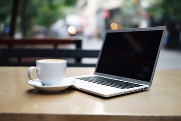 Fototapeta premium Online Business with Laptop on Table and Blurred Background of White Coffee Cup Closeup