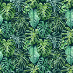 Tropical palm leaves, monstera leaves seamless pattern background, green colors, watercolor floral pattern