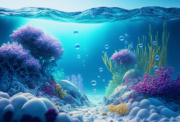 Underwater landscape with corals and water line and air bubbles. AI generated.