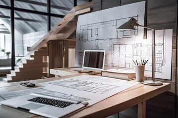 Concept for an architect's desktop a laptop on a wooden desk with a screen exhibiting an interior design project; a background of a draft blueprint; a modern white kitchen with a wooden staircase