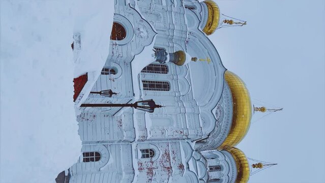 Belogorsky St. Nicholas Orthodox Missionary Monastery. Russia, Perm Krai, Belaya Gora. The temple on the hill in winter. Monastery on the background of snow. 4K