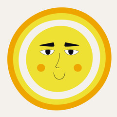 Smiling sun, abstract personage, mascot design, funny face, cute icon.
