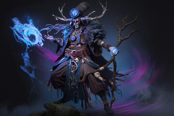 A powerful sorcerer conjuring a powerful spell in a mystical forest. The style is high fantasy with a focus on the sorcerer's intricate clothing and the intricate detailing in the spell's magic. Ai