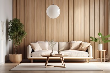 Modern sofa, wooden console, coffee table, lamp, plants, mock up poster frame, pillows, and wooden background are all features of this living room's interior design. Generative AI