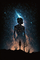 The silhouette woman on the cosmic background of the Universe. Generative Ai