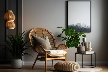 stylish interior of living room with rattan chair, generative AI