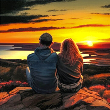 Image d'illustration d'un couple en bord de mer au coucher de soleil