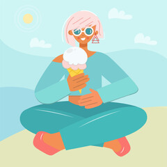 Cute girl with ice cream on the beach. Active leisure people in summer. The cartoon character sits in the lotus position. Vector illustration in flat style.