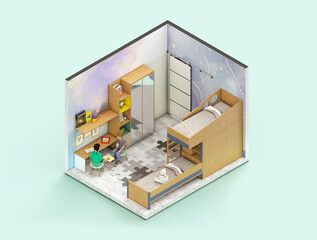 Playful Isometric interior of a childrens bedroom with toys 3d rendering 