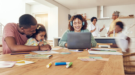 Black family, education and learning on busy dining table together for childhood development at home. Happy dad helping daughter with homework while mother is working on laptop in the living room - obrazy, fototapety, plakaty