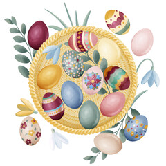 Digital illustration of colorful Easter eggs and spring greens inside and outside of the round wicker basket, top view. Stylized decorative symbol of Easter. Hand-drawn clipart in a watercolor style