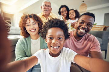 Generations, smile and selfie with black family in living room for social media, bonding and relax. Happiness, picture and proud with parents and children at home for memory, support and weekend - obrazy, fototapety, plakaty
