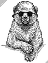Vintage engrave isolated black bear set dressed fashion illustration ink costume sunglasses sketch. American grizzly background asian animal silhouette glasses hipster hat vector art
