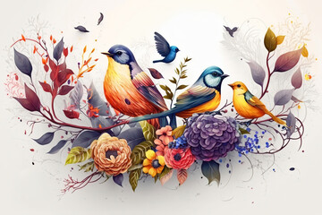 Colorful birds on a branch , floral design element, illustration generative AI 