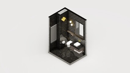 Black Powder Room isometric interior  cross section 3d