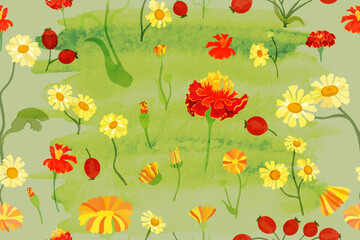 Seamless pattern with hand drawn garden flowers