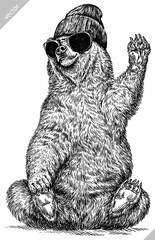 Vintage engrave isolated black bear set dressed fashion illustration ink costume sunglasses sketch. American grizzly background asian animal silhouette glasses hipster hat vector art