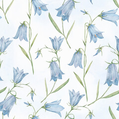 Watercolor seamless floral pattern bluebell. Hand drawn floral background with blue bellflowers for textile design or wrapping paper. Delicate botanical wallpaper in pastel blue-green colors