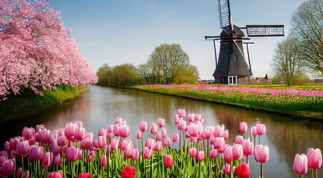 Fields of tulip flower growing on bank of river against background of mill., created with generative ai