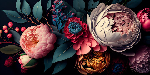 Repeating pattern set peony flowers multicolored, on black background, banner with space for text, floral arrangement holiday wedding concept. Generative AI.