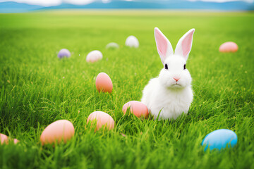 Fototapeta premium An Easter bunny with a basket of colorful eggs standing in a green grass field with a blue sky in the background. Generative AI.
