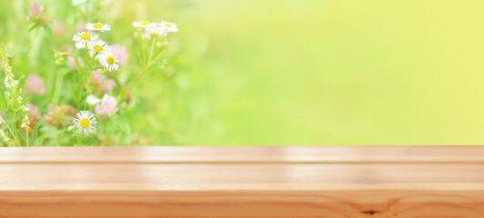 Empty wooden table on the background of Summer floral landscape with chamomile flowers and clover in the meadow. Ready for product montage. Mockup. Banner.Copy space.