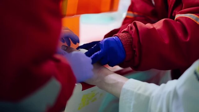Paramedics provide first aid and put a bandage on the arm, close-up