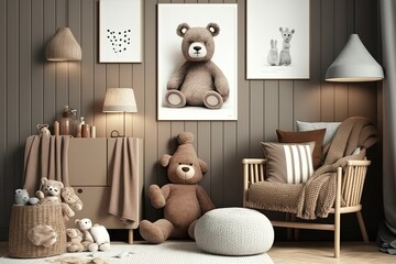 Fototapeta na wymiar interior decor of a Scandinavian children's room with teddy bear, generative AI