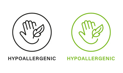Hypoallergenic Safe Product Line Green and Black Icon Set. Hypo Allergenic Cosmetic for Sensitive Skin Hygiene Outline Pictogram. Allergen Free, Hand and Feather Symbol. Isolated Vector Illustration