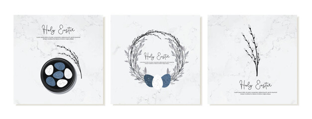 Set of square social media templates for Holy Easter in a modern rustic style. Wreath with leaves and Easter eggs, branch of willow. Vector