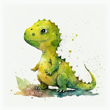 Cute Childish Watercolor Dinosaur. Illustration AI Generative.