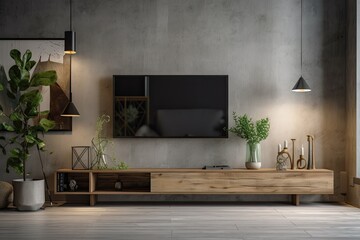 A television cabinet is located within the living room, which also has a concrete wall. Generative AI