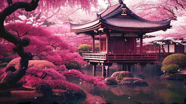 Japanese Garden with Cherry Blossom Trees and Koi Pond &ndash; Traditional Spring Scenery, Seamless Loop, Animated Background