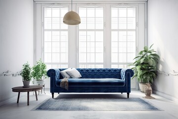 Interior décor of a traditional white wall room with a window style, lamp, traditional blue sofa, and central coffee table with plant vase. Generative AI