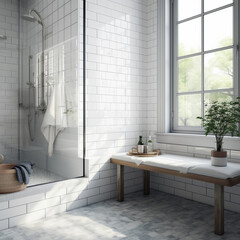 Marble vanity counter, shower bench in white subway tile wall modern luxury shower bathroom, reeded glass partition, plant in sunlight from backyard window for interior design product background 3D