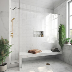 Marble vanity counter, shower bench in white subway tile wall modern luxury shower bathroom, reeded glass partition, plant in sunlight from backyard window for interior design product background 3D